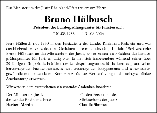 Traueranzeige von Bruno Hülbusch von Allgemeine Zeitung Mainz