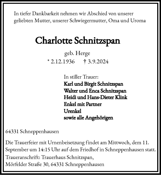 Traueranzeige von Charlotte Schnitzspan von Groß-Gerauer Echo