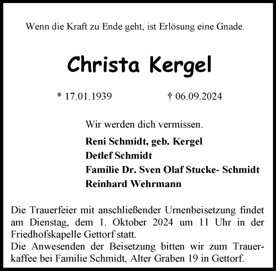 Traueranzeige von Christa Kergel von Darmstädter Echo