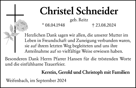 Traueranzeige von Christel Schneider von Hinterländer Anzeiger