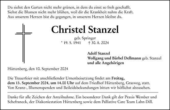 Traueranzeige von Christel Stanzel von Wetzlarer Neue Zeitung