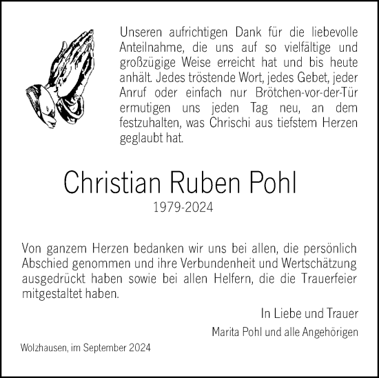 Traueranzeige von Christian Ruben Pohl von Hinterländer Anzeiger