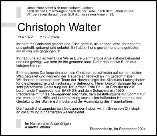 Traueranzeige von Christoph Walter von Wormser Zeitung