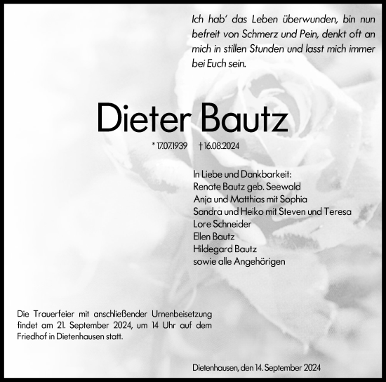 Traueranzeige von Dieter Bautz von Weilburger Tageblatt