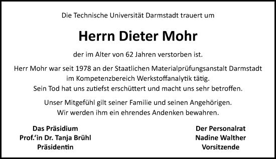 Traueranzeige von Dieter Mohr von Darmstädter Echo