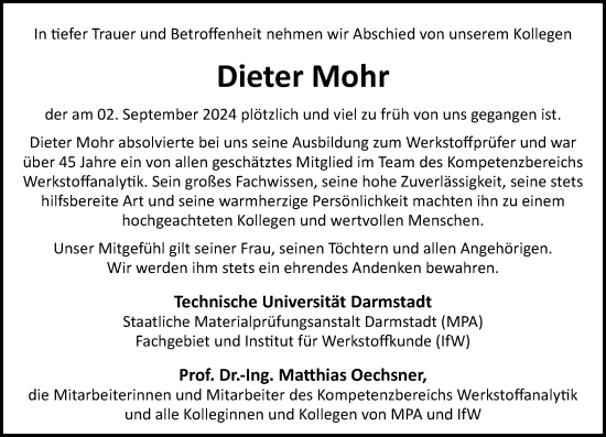 Traueranzeige von Dieter Mohr von Darmstädter Echo