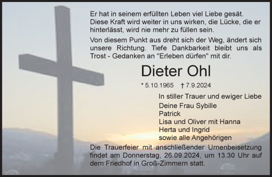 Traueranzeige von Dieter Ohl von Dieburger Anzeiger/Groß-Zimmerner Lokal-Anzeiger