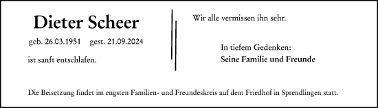 Traueranzeige von Dieter Scheer von Allgemeine Zeitung Rheinhessen-Nahe