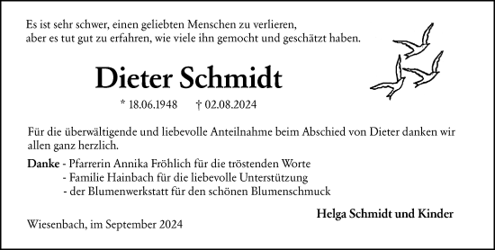 Traueranzeige von Dieter Schmidt von Hinterländer Anzeiger