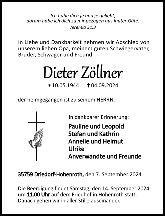 Traueranzeige von Dieter Zöllner von Dill Block