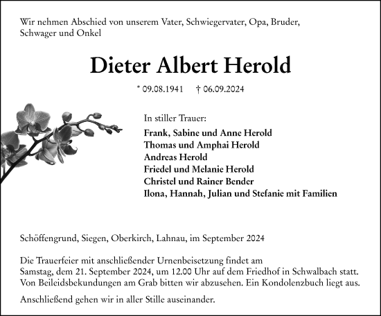 Traueranzeige von Dieter Albert Herold von Wetzlarer Neue Zeitung