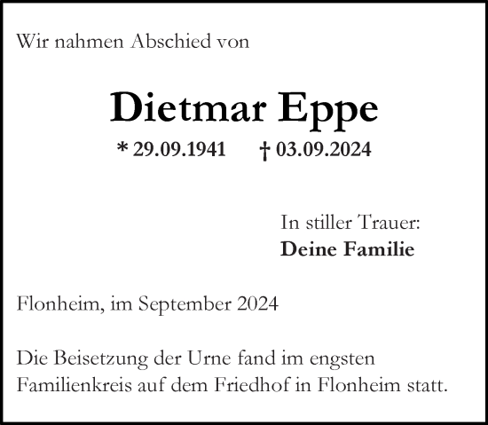 Traueranzeige von Dietmar Eppe von Allgemeine Zeitung Alzey