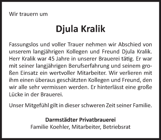 Traueranzeige von Djula Kralik von Darmstädter Echo