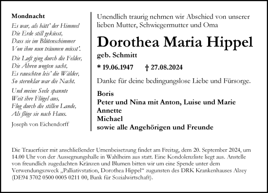 Traueranzeige von Dorothea Maria Hippel von Allgemeine Zeitung Alzey