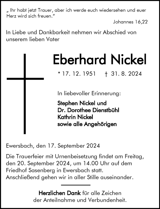 Traueranzeige von Eberhard Nickel von Dill Block