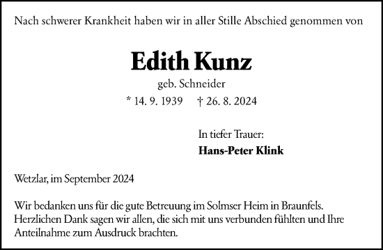 Traueranzeige von Edith Kunz von Wetzlarer Neue Zeitung