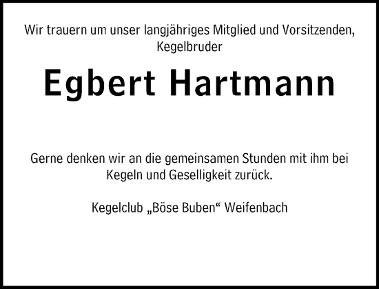 Traueranzeige von Egbert Hartmann von Hinterländer Anzeiger