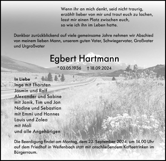 Traueranzeige von Egbert Hartmann von Hinterländer Anzeiger