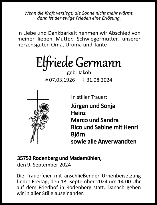 Traueranzeige von Elfriede Germann von Dill Block