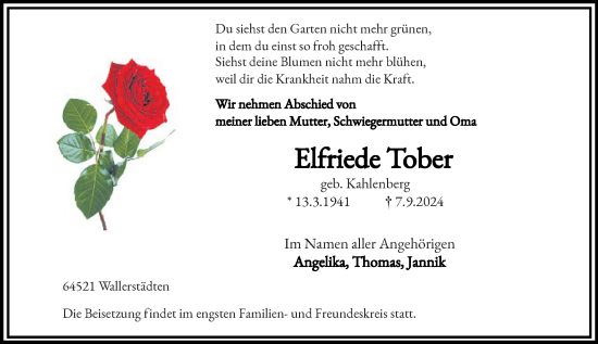 Traueranzeige von Elfriede Tober von Groß-Gerauer Echo