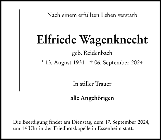 Traueranzeige von Elfriede Wagenknecht von Allgemeine Zeitung Mainz