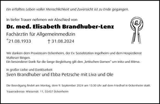 Traueranzeige von Elisabeth Brandhuber-Lenz von Allgemeine Zeitung Rheinhessen-Nahe