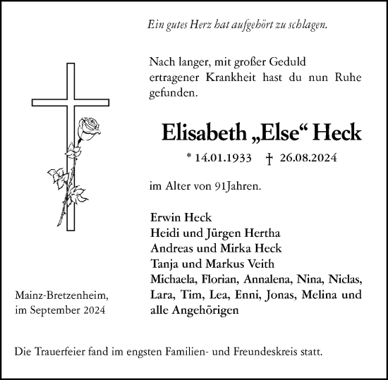 Traueranzeige von Elisabeth Heck von Allgemeine Zeitung Mainz