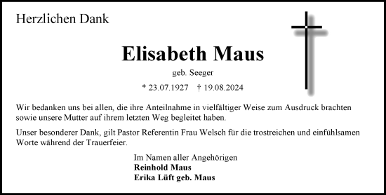 Traueranzeige von Elisabeth Maus von Allgemeine Zeitung Mainz