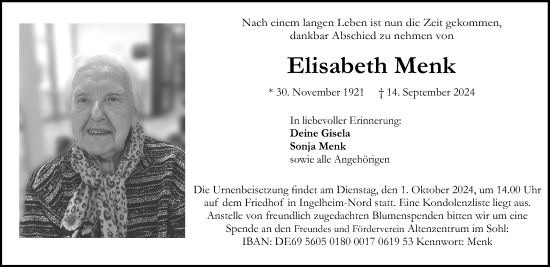 Traueranzeige von Elisabeth Menk von Allgemeine Zeitung Rheinhessen-Nahe