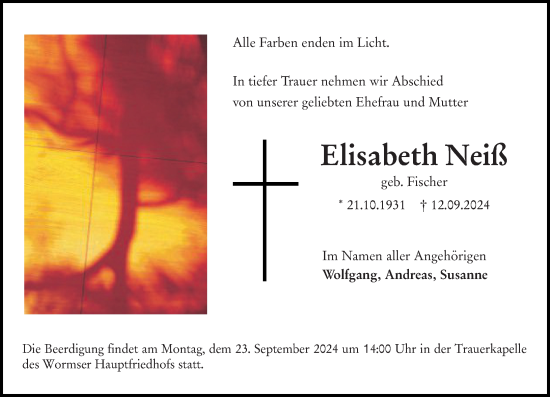 Traueranzeige von Elisabeth Neiß von Wormser Zeitung