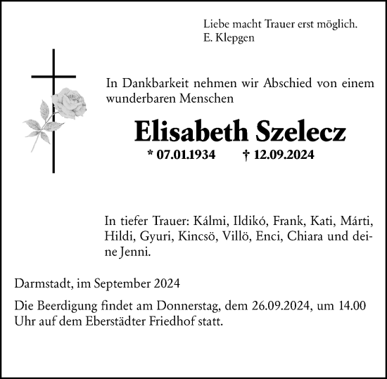 Traueranzeige von Elisabeth Szelecz von Darmstädter Echo
