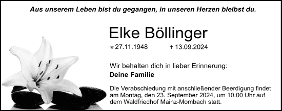 Traueranzeige von Elke Böllinger von Allgemeine Zeitung Mainz