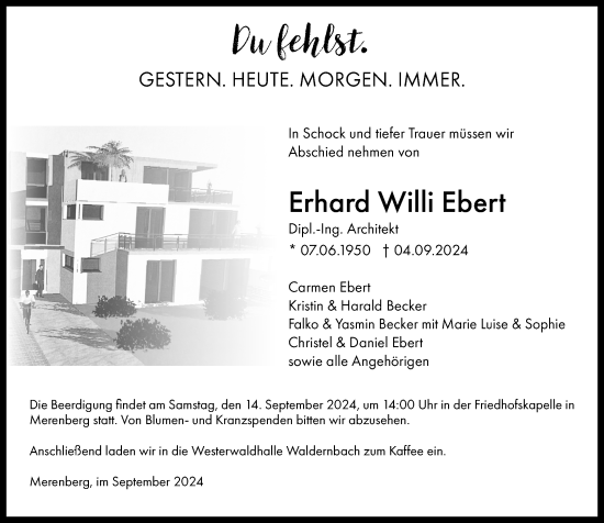 Traueranzeige von Erhard Willi Ebert von Weilburger Tageblatt