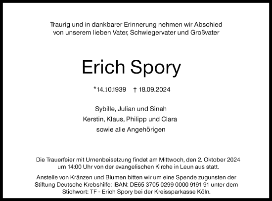 Traueranzeige von Erich Spory von Wetzlarer Neue Zeitung