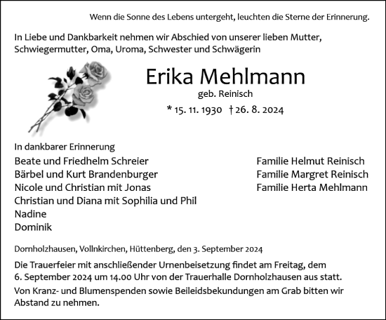 Traueranzeige von Erika Mehlmann von Wetzlarer Neue Zeitung