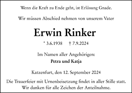 Traueranzeige von Erwin Rinker von Wetzlarer Neue Zeitung