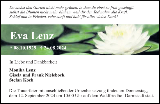 Traueranzeige von Eva Lenz von Darmstädter Echo