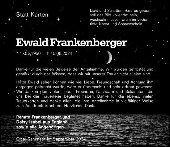Traueranzeige von Ewald Frankenberger von Darmstädter Echo