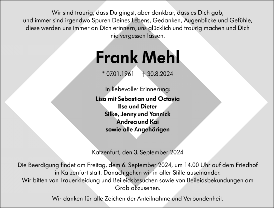 Traueranzeige von Frank Mehl von Wetzlarer Neue Zeitung