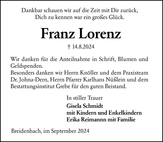 Traueranzeige von Franz Lorenz von Hinterländer Anzeiger