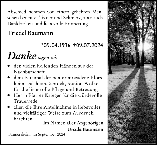 Traueranzeige von Friedel Baumann von Allgemeine Zeitung Alzey