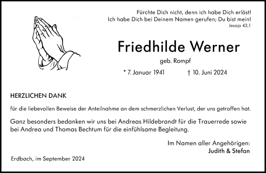 Traueranzeige von Friedhilde Werner von Dill Block