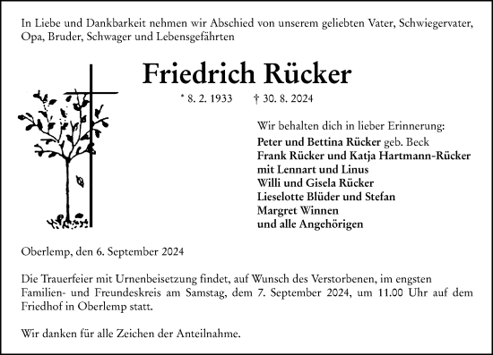 Traueranzeige von Friedrich Rücker von Wetzlarer Neue Zeitung