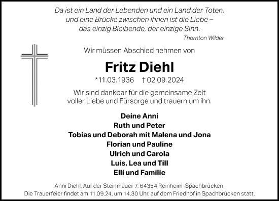 Traueranzeige von Fritz Diehl von Darmstädter Echo