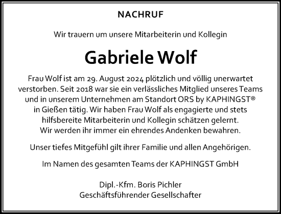 Traueranzeige von Gabriele Wolf von Wetzlarer Neue Zeitung