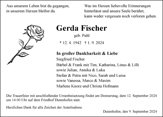 Traueranzeige von Gerda Fischer von Wetzlarer Neue Zeitung