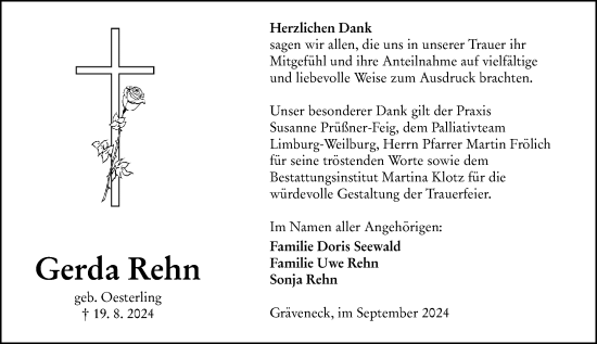 Traueranzeige von Gerda Rehn von Weilburger Tageblatt