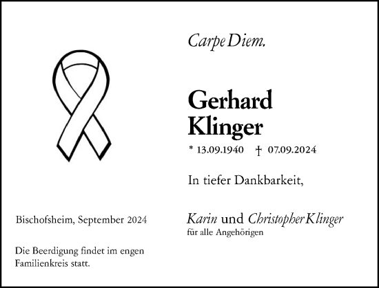Traueranzeige von Gerhard Klinger von Rüsselsheimer Echo