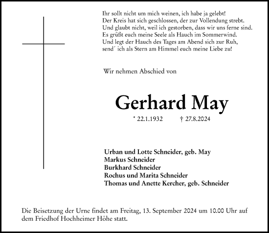 Traueranzeige von Gerhard May von Wormser Zeitung