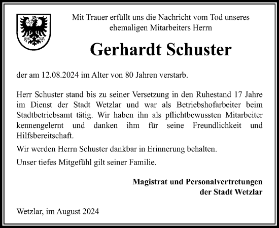 Traueranzeige von Gerhardt Schuster von Wetzlarer Neue Zeitung
